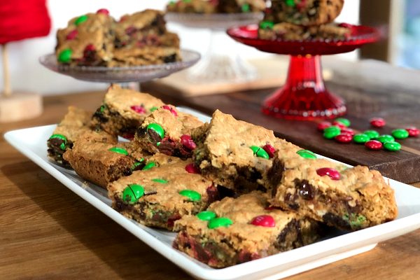 Monster Cookie Bars | Soft, chewy chocolate chip, peanut butter, oatmeal cookie bars with M&Ms and Oreos inside!