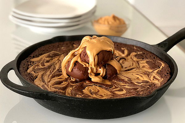 Peanut Butter Swirled Skillet Brownie